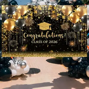 The background banner for the 2026 graduation season features black and gold halo glitter designs. Polyester material, suitable for graduation celebrations, photography studio props, birthday parties, anniversaries, wall decorations
