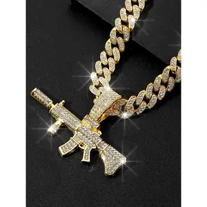 Rhinestone Decorated Gun Shaped Pendant Necklace, Cuban Link Chain Necklace for Party, Daily Clothing Decor, Trendy All-match & Exquisite Jewelry for Birthday Gift