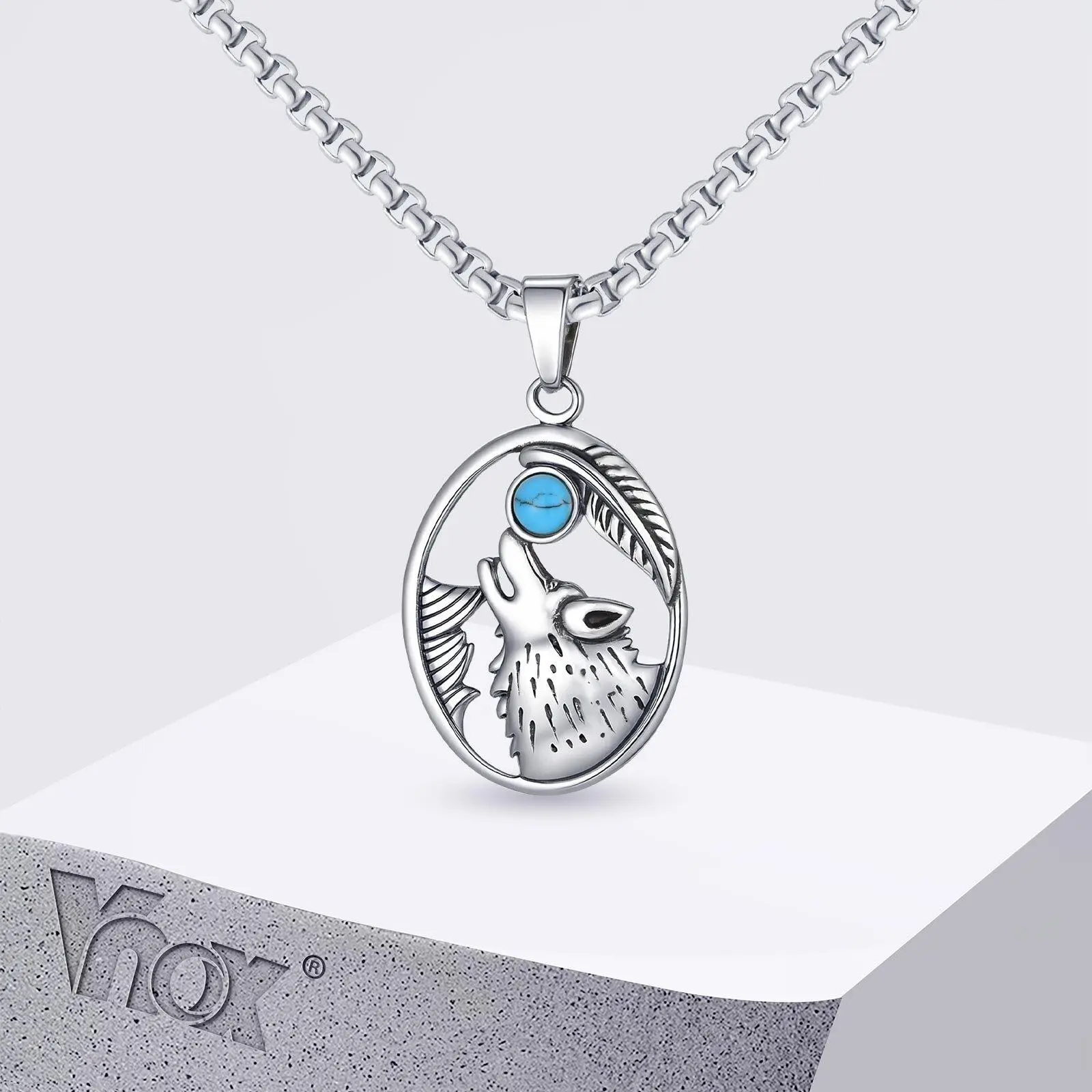 Vnox Wolf Head Turquoise Pendant Necklace for Men, Adjustable Box Chain Stainless Steel Necklaces, Ethnic Style Jewelry Gift New