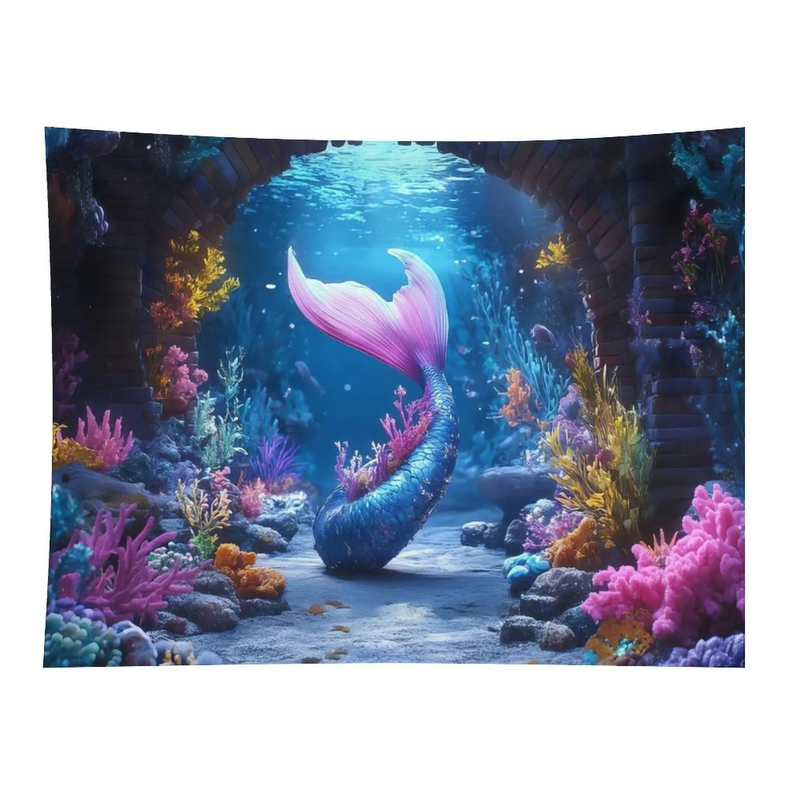 Fantasy Ocean Wall Tapestry - Magical Underwater Mermaid Tail, Vibrant Coral, Seaweed, Ocean Cave Scenery, Colorful Fabric Rectangular Room Decor