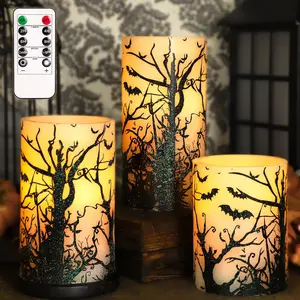 Halloween Decor Flameless Candles Set of 3 Black Spooky Bats Decal Flickering Candles Battery Operated with Remote Real Wax LED Pillar Candles for Halloween Party Horrible Theme Decor
