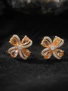 Champagne CZ Four-Leaf Clover Stud Earrings | Gold-Tone Alloy | Lucky Jewelry for Her