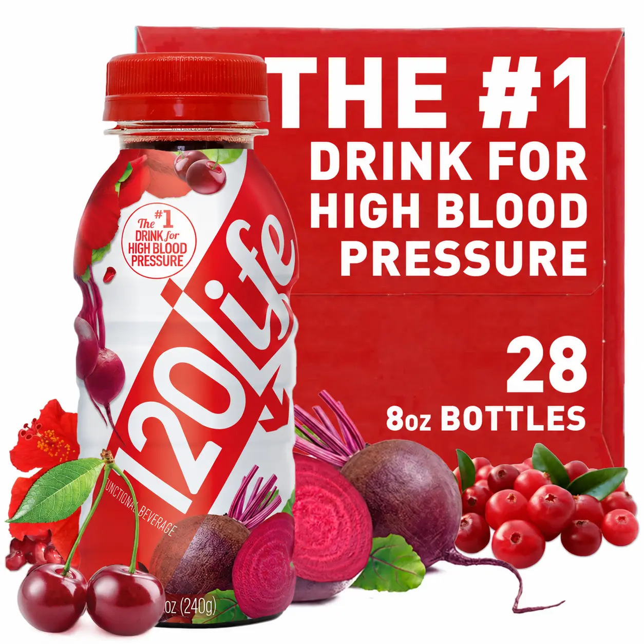 120/Life Natural Drink for High Blood Pressure (28 bottles) - Beet Root, Cranberry, Pomegranate juice, Tart Cherry, Hibiscus, and Magnesium (8 Fl Oz)
