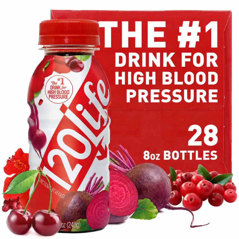 120/Life Natural Drink for High Blood Pressure (28 bottles) - Beet Root, Cranberry, Pomegranate juice, Tart Cherry, Hibiscus, and Magnesium (8 Fl Oz)