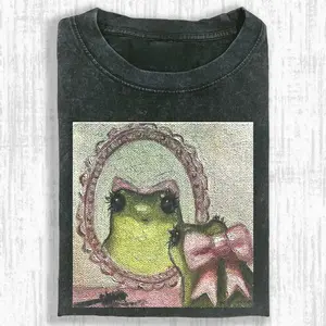 Comfort Color Shirt, Cute Frog in Mirror T-Shirt, Funny Frog Bow Tie Shirt, Aesthetic Cottagecore Frog Tee, Whimsical Animal Meme T-Shirt