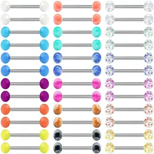 36Pcs 14G Stainless Steel Nipple Rings 16mm in Length Tongue Rings Straight Barbell Bars Piercing For Women Men