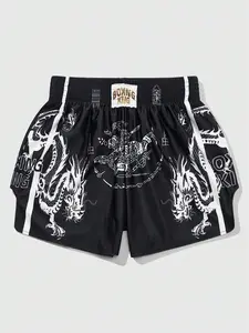 Men's Casual Boxing Shorts, Dragon Print, Breathable Comfort, Fashionable Versatile, Fall Camping Wear, Natural Waist, Drawstring Closure, Breathable Printed Shorts
