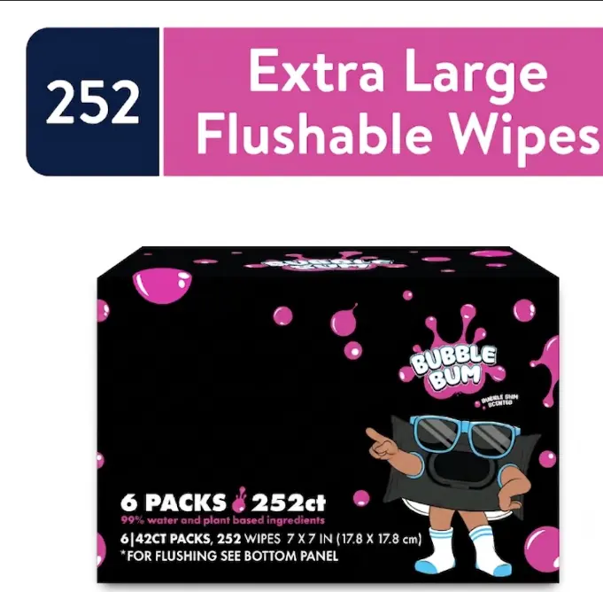 Flushable Wet Wipes, Extra Large Bubble Bum Bubble Gum Scent, 6-Pack (252 Count Total) for Home Bathroom Toilet Care