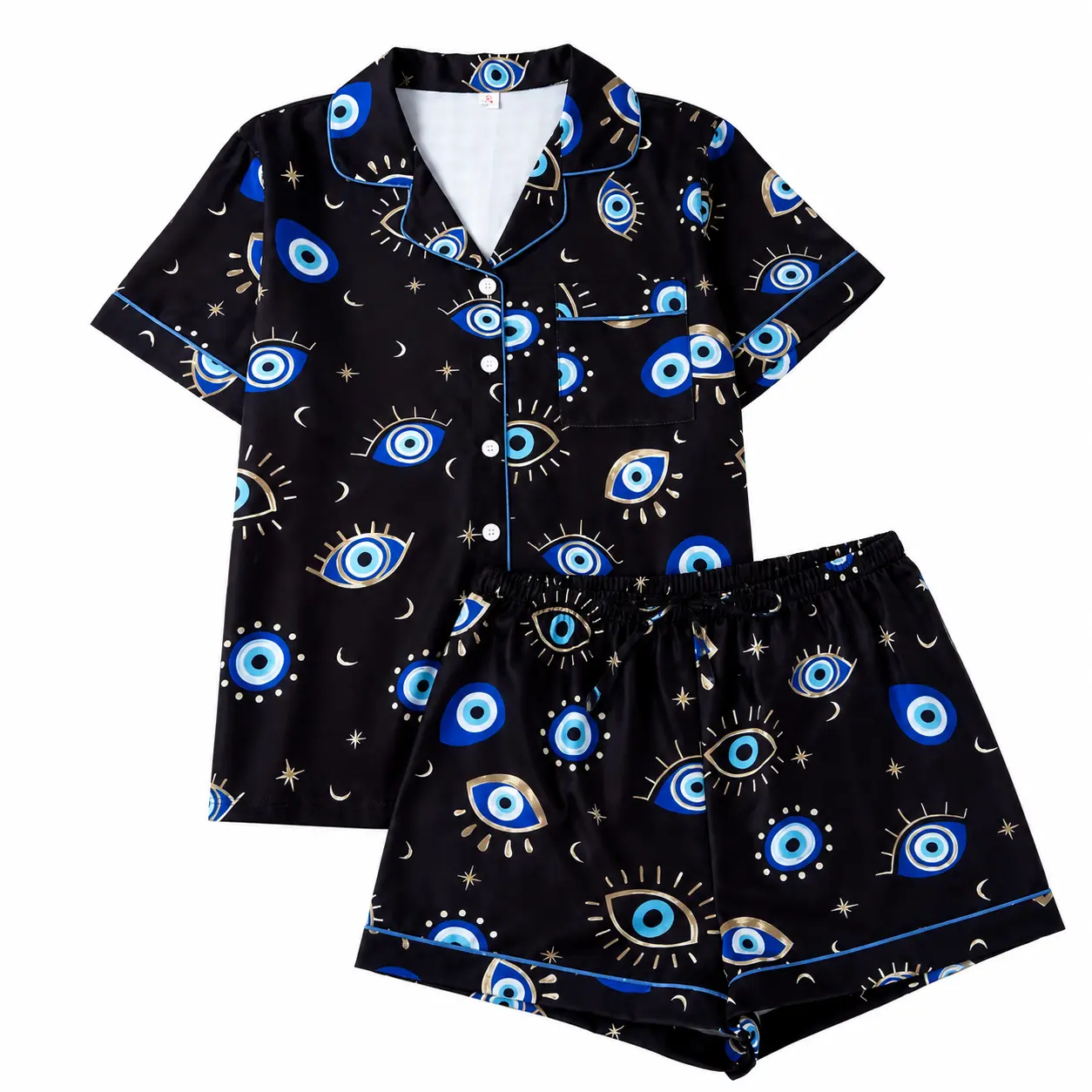 Women's Two-Piece Pajama Set, Lady Casual Comfortable Stretchy Fitted Short Sleeve Print Shirt with Pocket, Elastic Waist Shorts, All-Season Sleepwear, Loungewear, Homewear, Pjs, Pyjamas, Womenswear, Nightwear Outfit