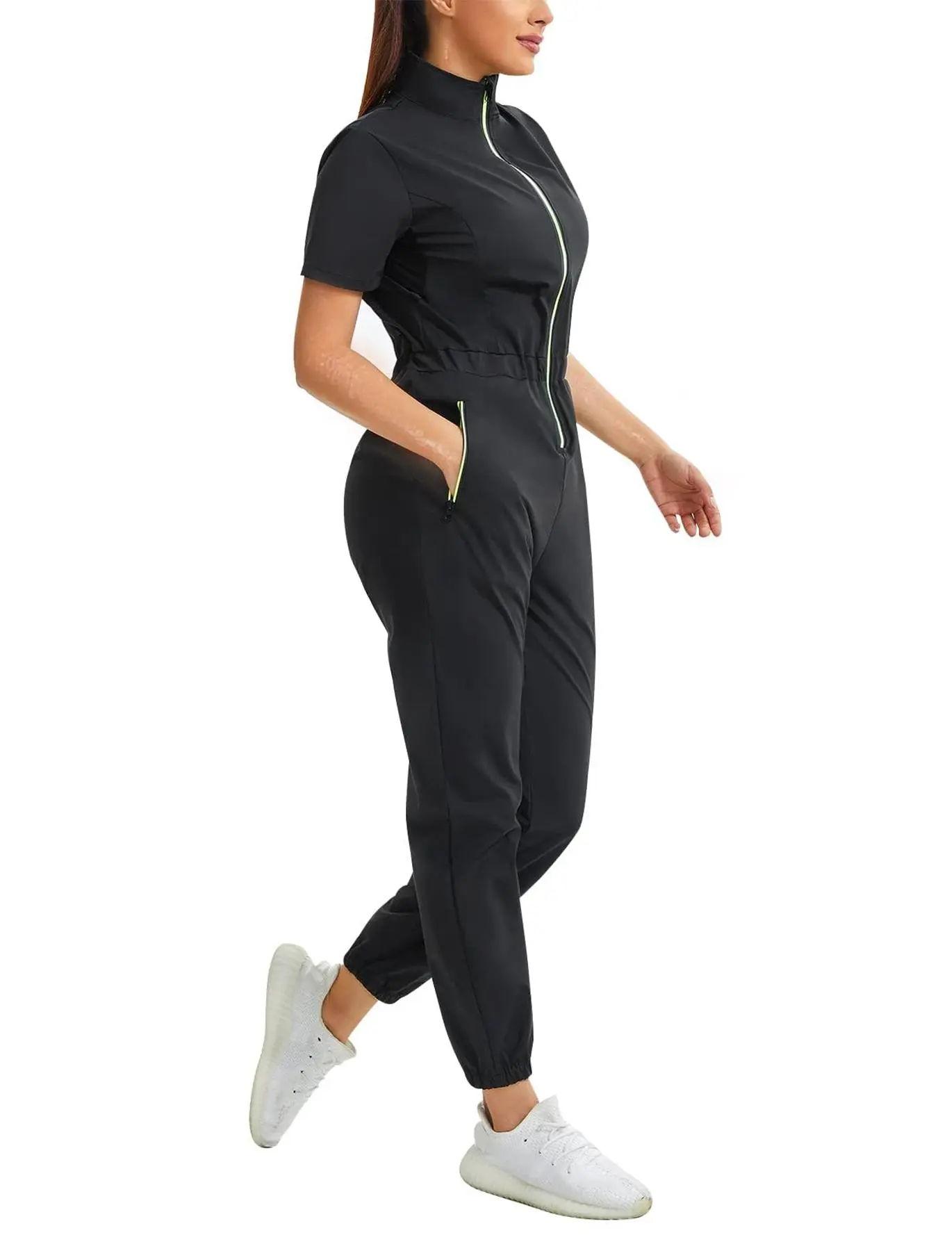 Women's Solid Zip Up Sauna Jumpsuit, Workout Jumpsuit, Pocketed Jumpsuit, Stretch Jumpsuit, Stretchy Jumpsuit, Casual Comfy Short Sleeve Pocket Sauna Jumpsuit for Daily Wear, Ladies Sportswear for Indoor Outdoor Wear