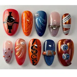 Anime Pirate Press On Nails | 3D Y2K Mangar Character Handmade Fake Nails | One Pieceis Inspired Ace Nail Art