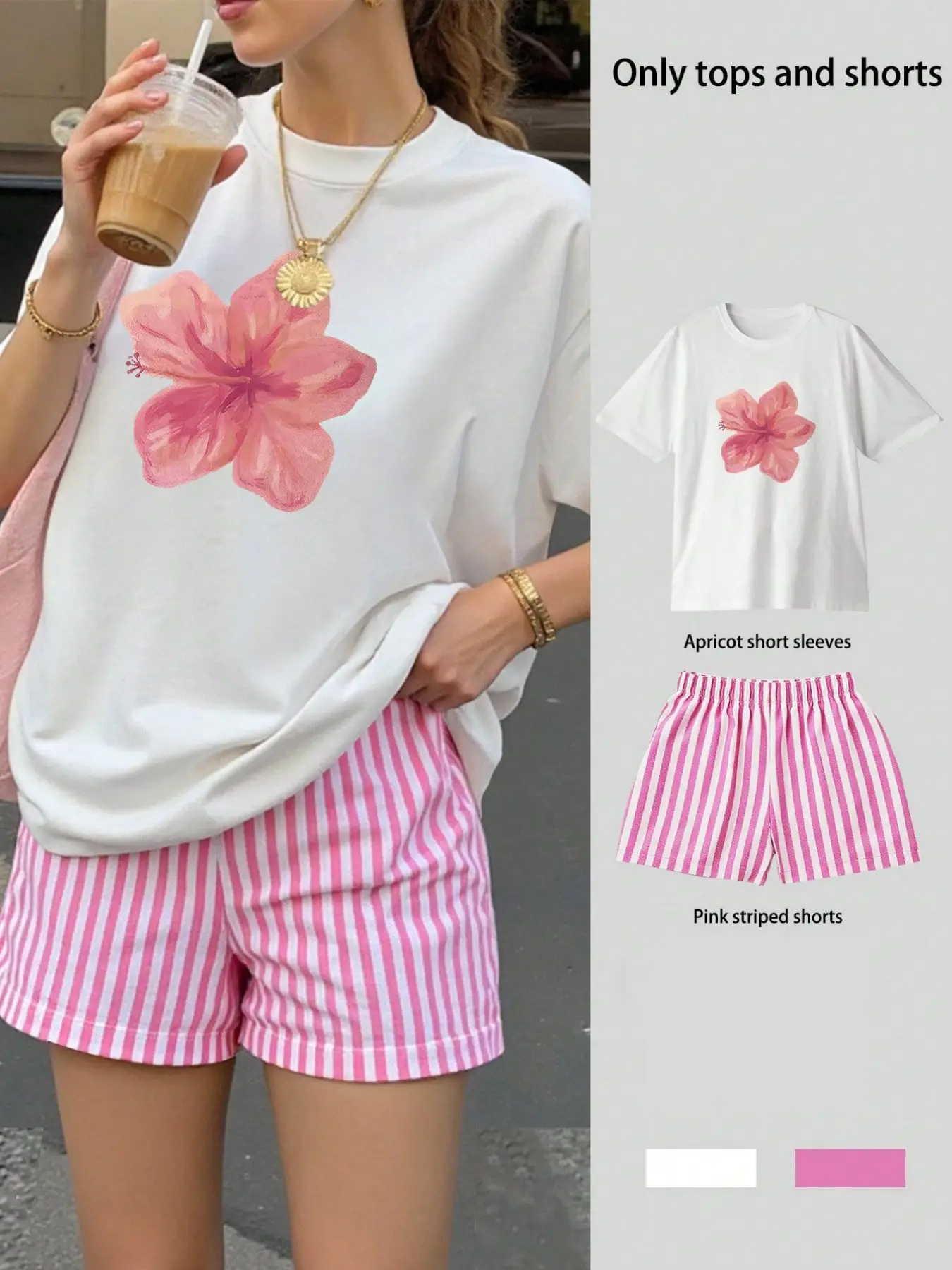 Women's Casual Loose-Fitting Ditsy Floral Print Round Neck T-Shirt Set with Striped Shorts, Perfect for Daily Wear and Outdoor Activities