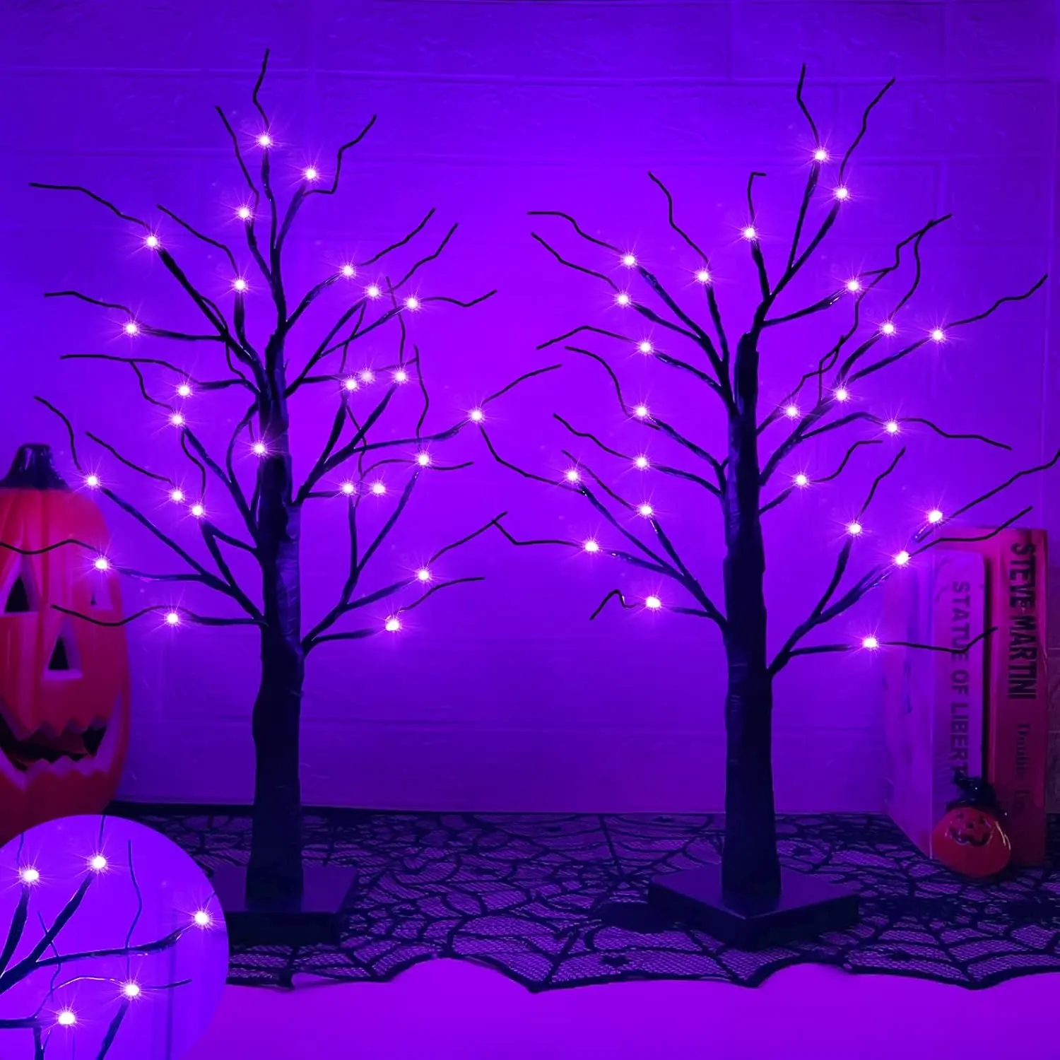 2 Pack 24 Inch Lighted Halloween Birches Tree Halloween Decorations Indoor | Total 48 LED Timer Battery Operated Purple Tabletop Artificial Black Spooky Tree Halloween Decor for Indoor Home Party