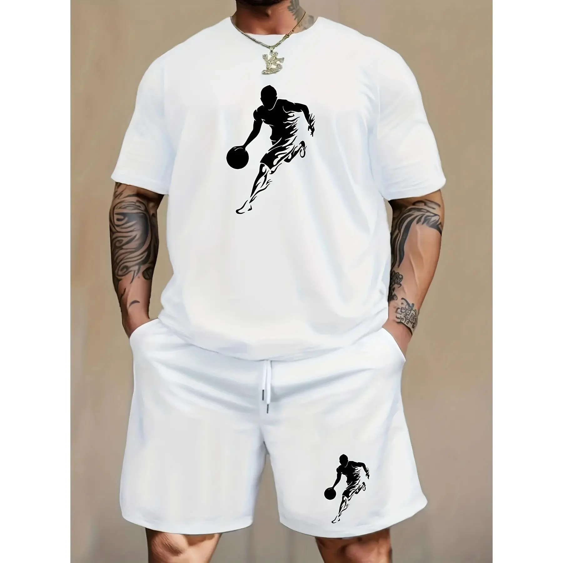Men's Unisex Cotton Crew Neck Short Sleeve T-shirt - Basketball Player Silhouette Print, 1pc Summer Outdoor Wear Athletic Sports Gym Outfit Top