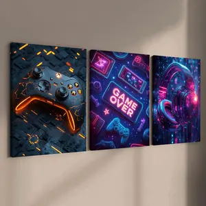 Game Console Pattern Canvas Painting with Frame, 3 Counts/set Neon Game Gamepad Poster, Wall Art for Home Living Room Bedroom Office