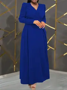 Elegant Women's V Neck Long Sleeve Dress, Fall Winter Fashion, Plus Size A-Line Maxi Dress, Casual Office Wear