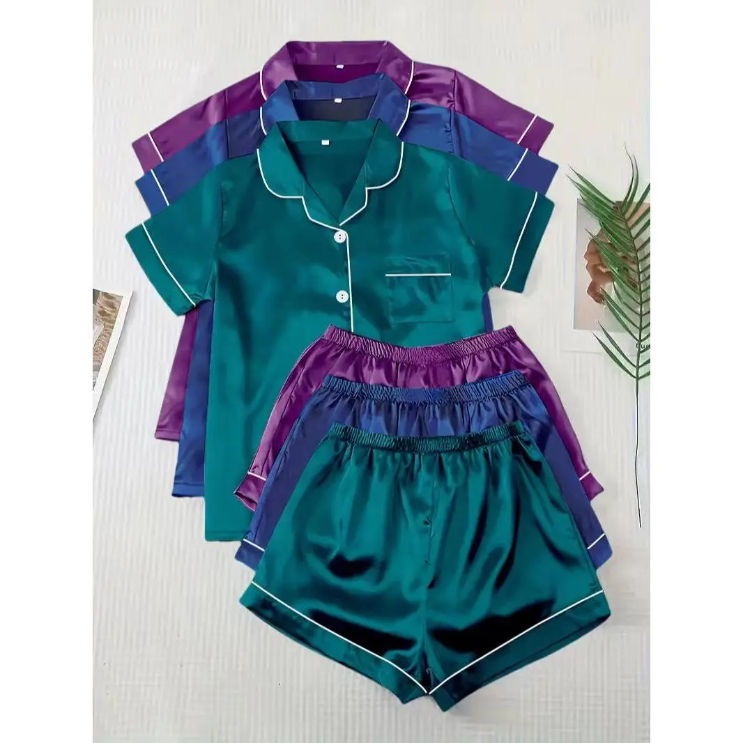 Vista X Women's Solid Satin Pyjama Set, Short Sleeve Button Front Lapel Shirt & Contrast Binding Shorts PJ Set, Summer Sleepwear Set Vista X Women's Solid Satin Pyjama Set, Short Sleeve Button Front Lapel Shirt & Contrast Binding Shorts PJ Set, Summer Sleepwear Set