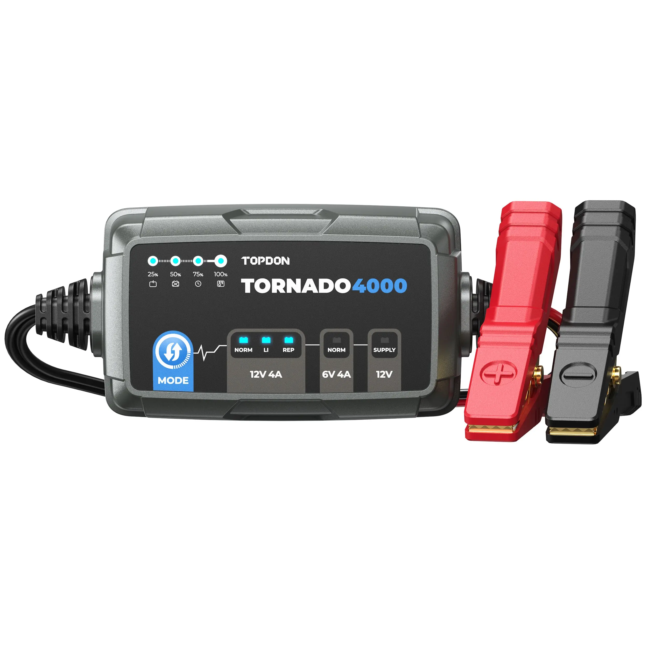 TOPDON Tornado4000 Compact Portable Car Battery Charger & Maintainer, 5-120Ah Compatibility, 9-Step Smart Charging, Desulfation Capabilities, Lithium Accessories Charging