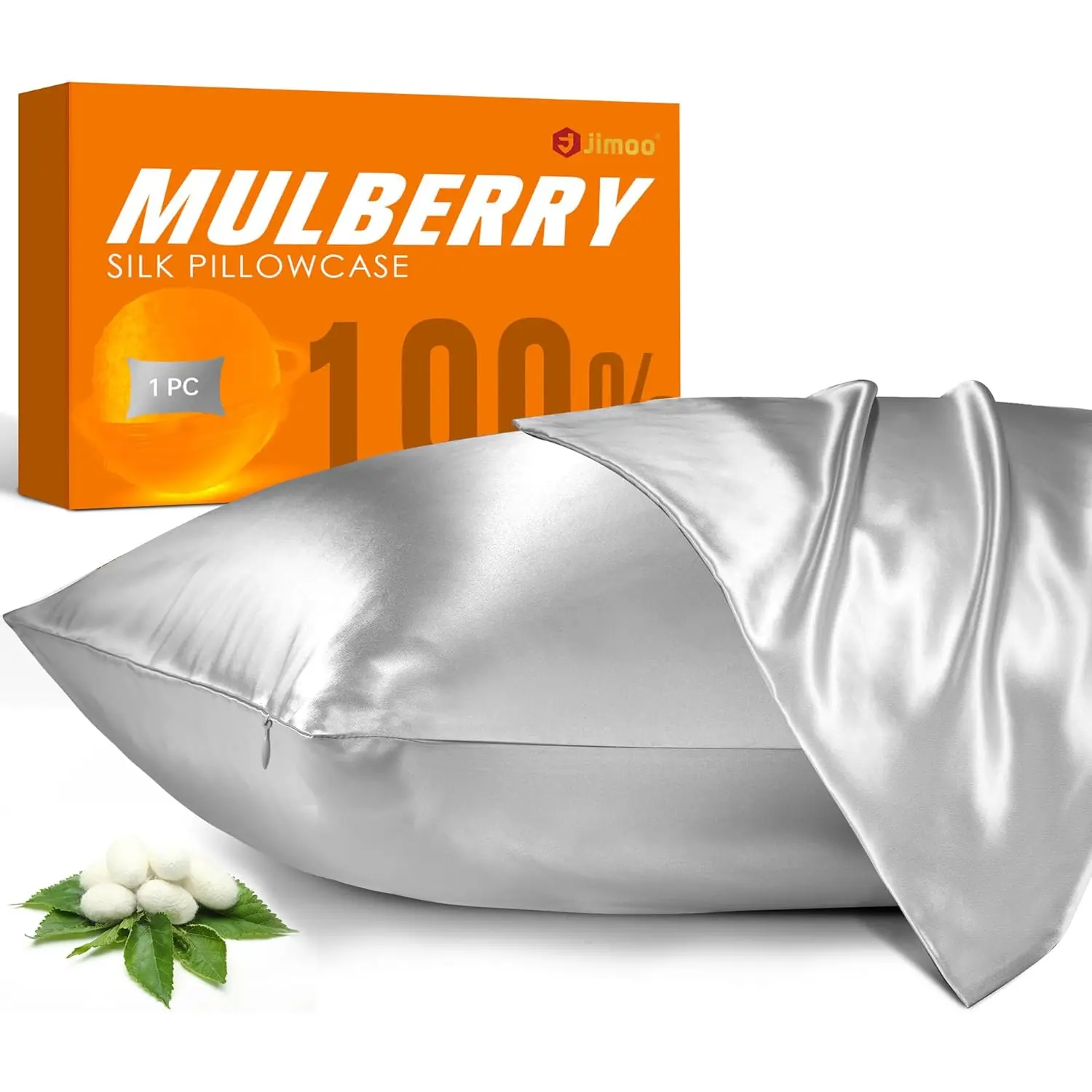 100% Mulberry Silk Pillowcase for Hair and Skin, 22 Momme Natural Silk Pillow Case with Zipper, Both Sided Pure Silk Pillow Cover for Women Mom Men(Silver Grey, Standard 20''×26'') J JIMOO