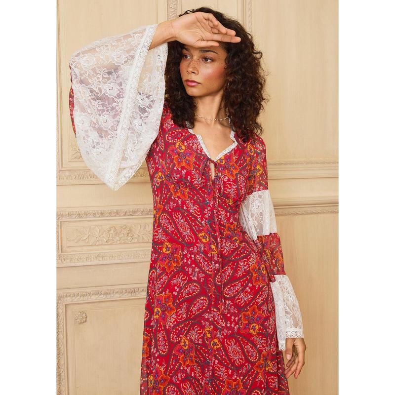 GUNNE SAX by ModCloth Josephina Bell Sleeve Maxi Dress - Limited Edition - Red Paisley Print (XS-4X)