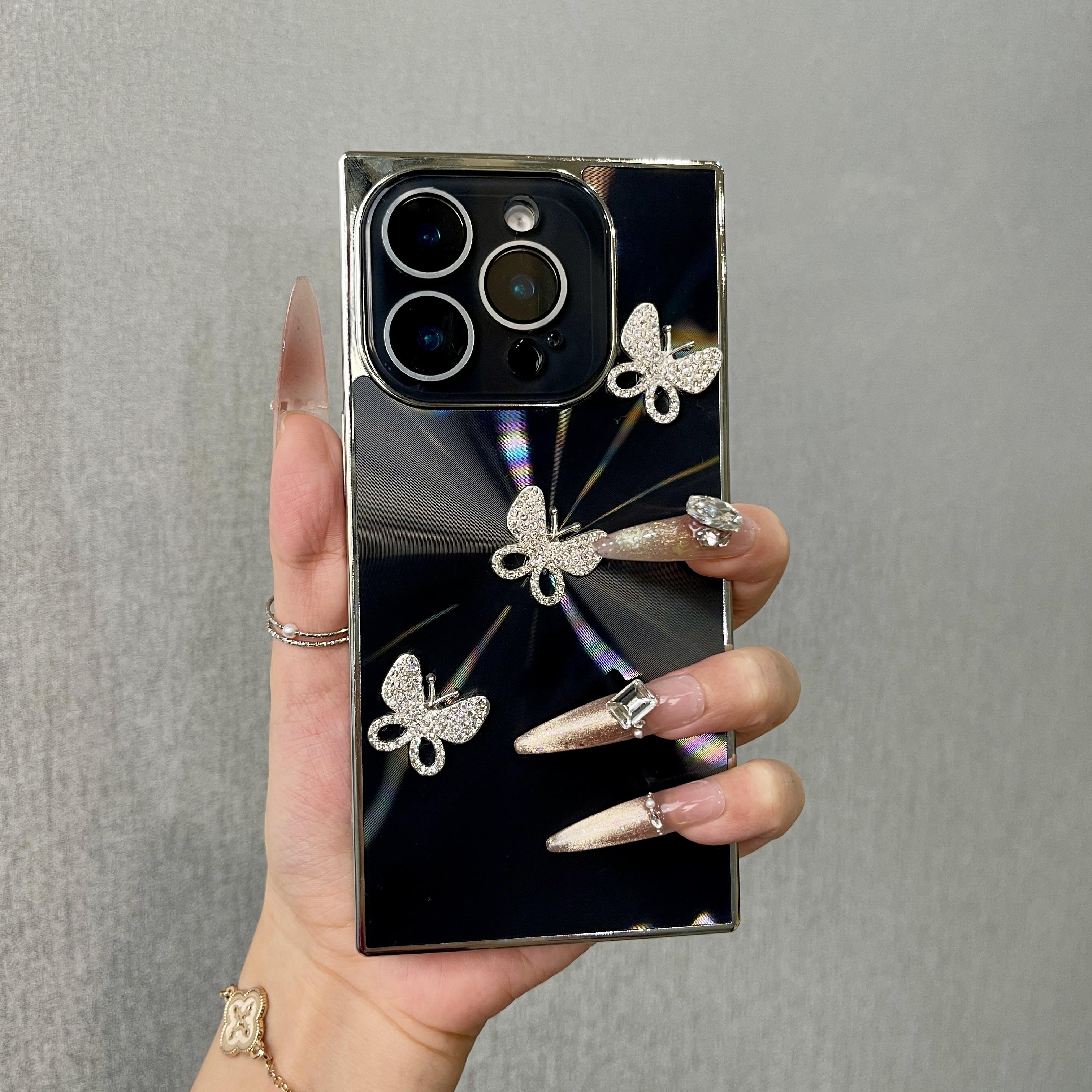 Luxury 3D Rhinestone Butterfly Square Edge Phone Case, Bling Glitter Electroplated Full Camera Protection Shockproof Cover for junk