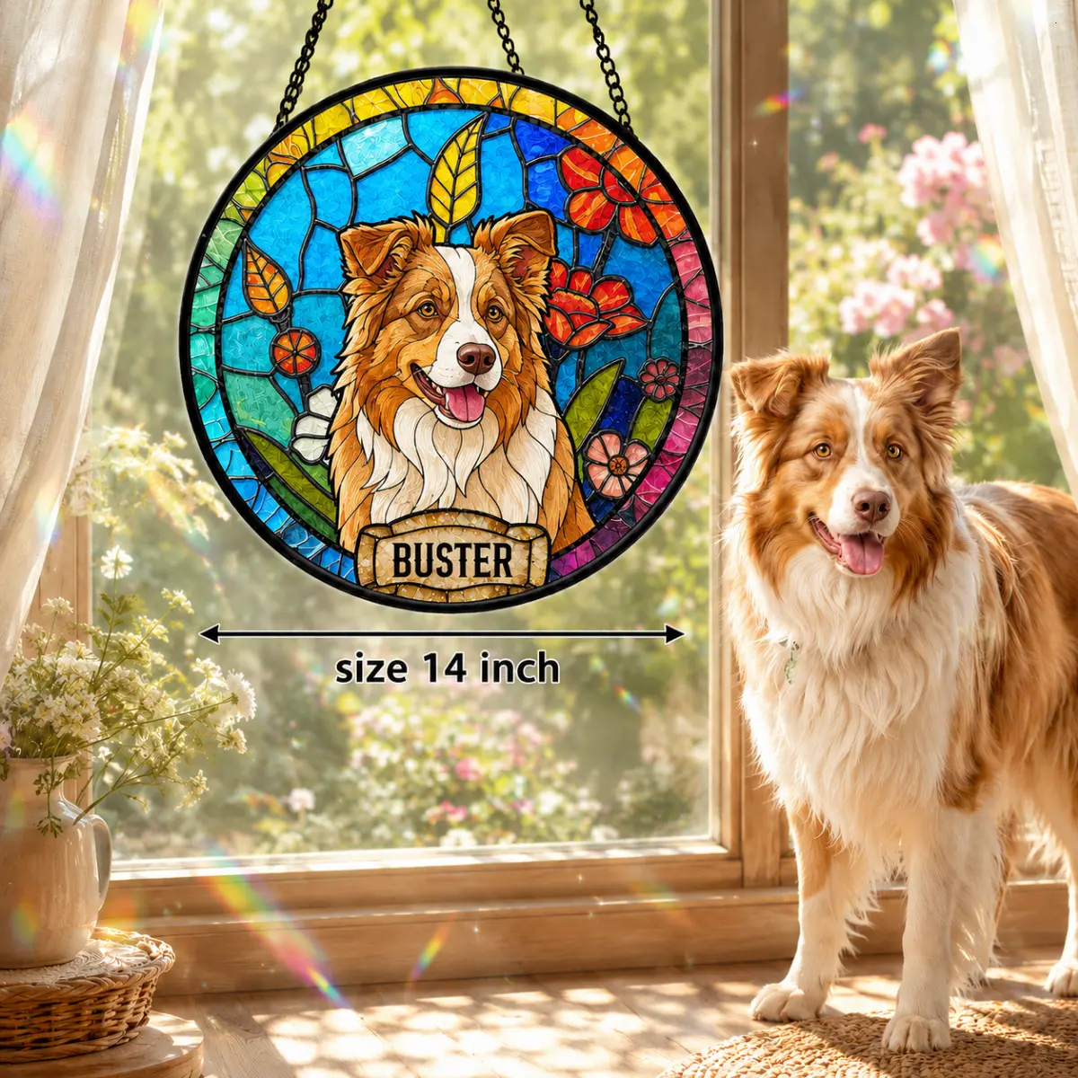 Custom Dog Portrait Stained Glass & Acrylic Suncatcher, Personalized Pet Memorial Photo Gift, Dog Loss Keepsake, Pet Loss Sympathy Gift, Rainbow Bridge Remembrance Window Hanging, Gift Art For Mom, Grandpa, Mother, Mama