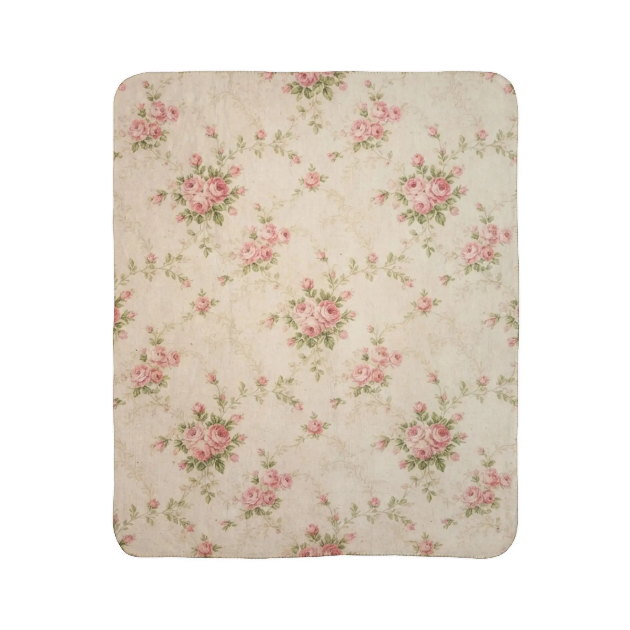 Vintage Pink Rose Floral Fleece Sherpa Blanket | Cottagecore Floral Throw