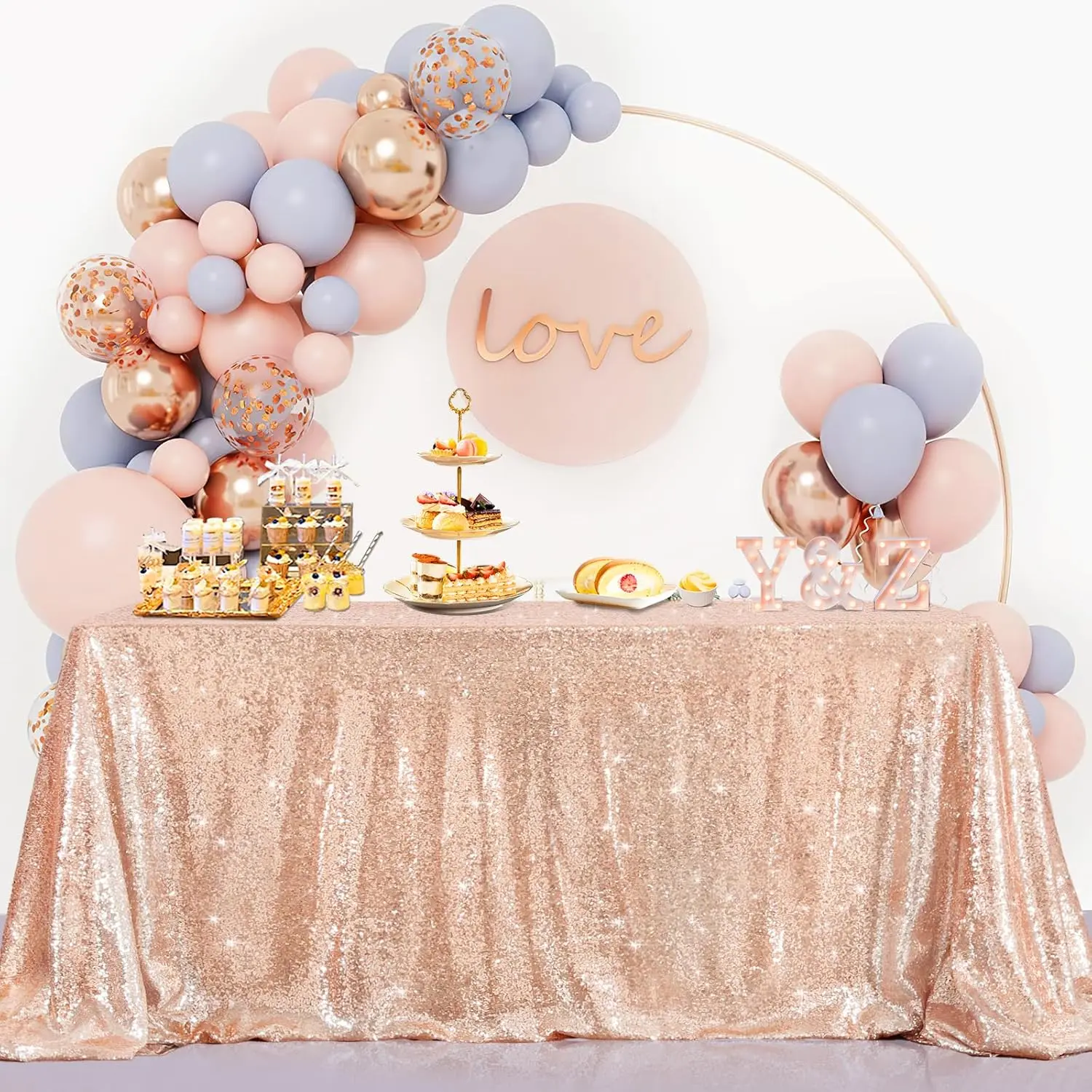 2Pcs Polyester Rosegold Sequin Overlay Table Covers - 50x80in Mesh Tablecloths, Glam Drape Party Decoration Supplies for Wedding, Valentines Day, Childrens Day (Fits Round/Rectangle Tables)