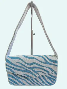 Women's Handbag - Blue Zebra Print with Gray Accents & Beaded Strap - Intricate Craftsmanship & Stylish Design - Perfect for Special Occasions