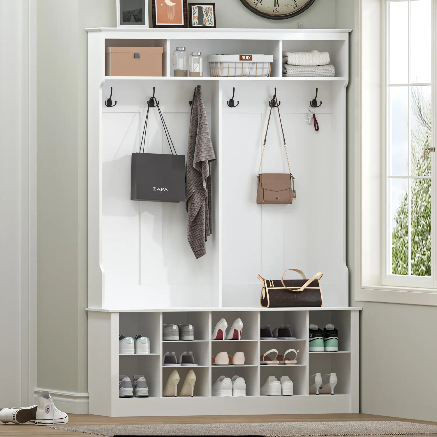 Side Storage Shelf,Entryway Hall Tree with Bench and Storage 3-in-1 Hall Tree with Coat Rack Adjustable Shoe Bench 2-Tier Top Storage for Hallway Entryway Bedroom Rustic Brown Apartment Furniture fathers day gift ideas