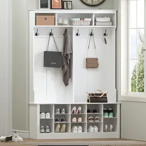 Side Storage Shelf,Entryway Hall Tree with Bench and Storage 3-in-1 Hall Tree with Coat Rack Adjustable Shoe Bench 2-Tier Top Storage for Hallway Entryway Bedroom Rustic Brown