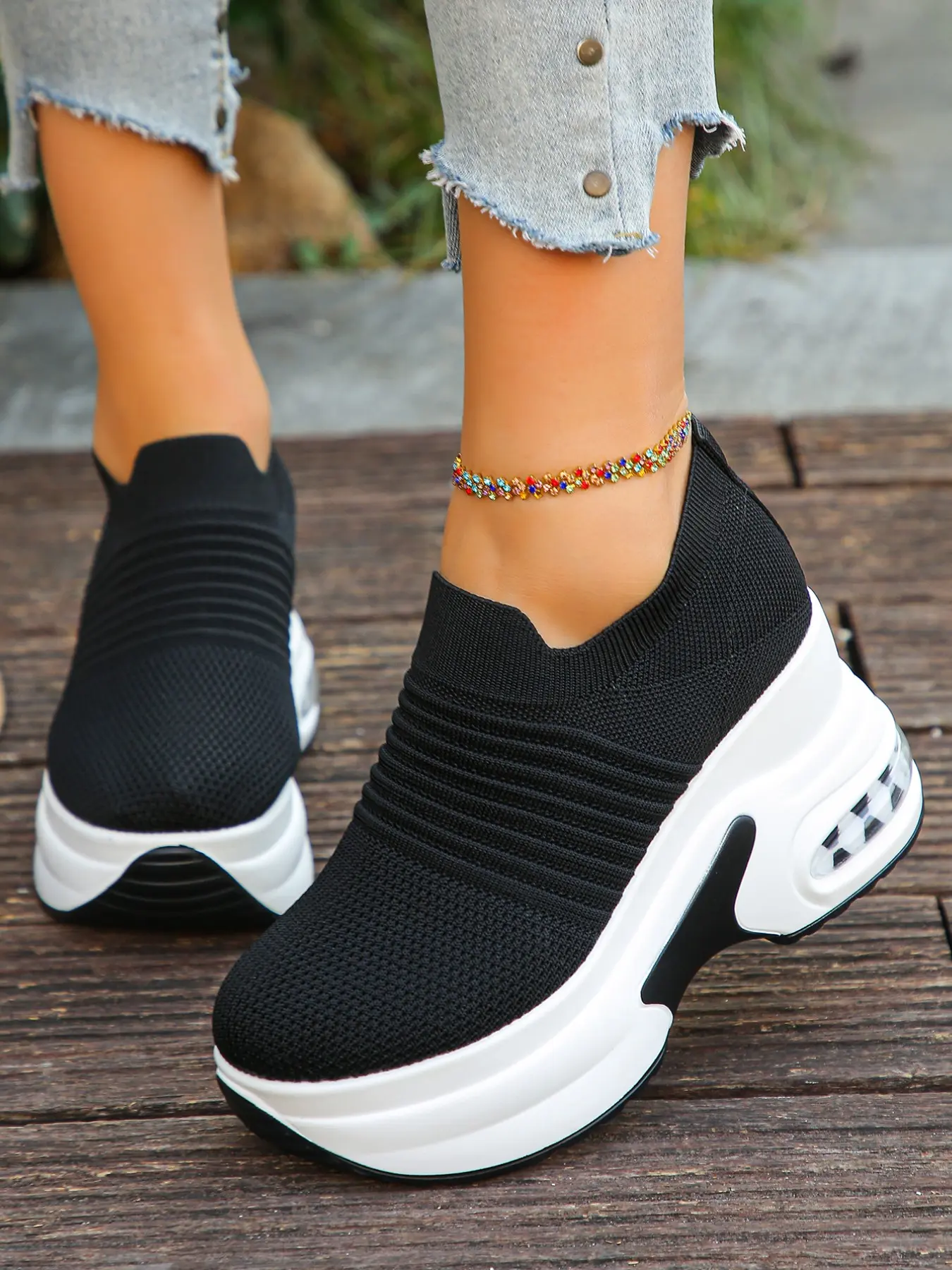 Women's Striped Knit Platform Casual Sneakers - Breathable Low Top Slip-On with Hidden Wedge, Lightweight PU Sole, Chic & Comfy for Petite Walking Shoes, Casual Trainer Footwear
