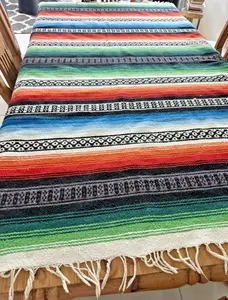 VTG Hand Woven Mexican Folk Art Large Serape Blanket Throw 83x56 in