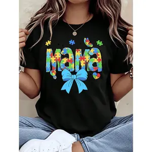 Autism Awareness Mama Puzzle Pieces T-Shirt For Mothers With Blue Bow Design Support Special Needs Kids Gift For Autism Month And Motherhood Celebration,220g