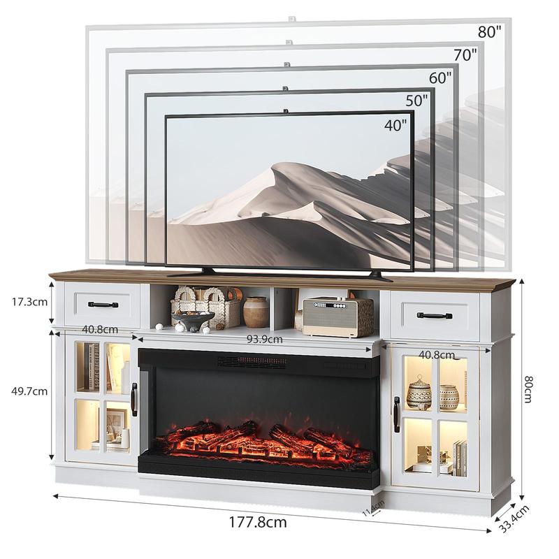 Karlhome Fireplace TV Stand up to 80'' TVs, 3-Sided Glass Entertainment Center with Electric Fireplace Heater & Glass Doors and Drawers, Fireplace Media Console Table with LED Light, Living Room