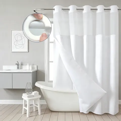 Hookless Polyester Textured Shower Curtain with Quick-Snap Attachments – Fabric Liner Set. Hotel luxury style bathroom curtain with clear top window — waterproof, machine washable, and odor-free.
