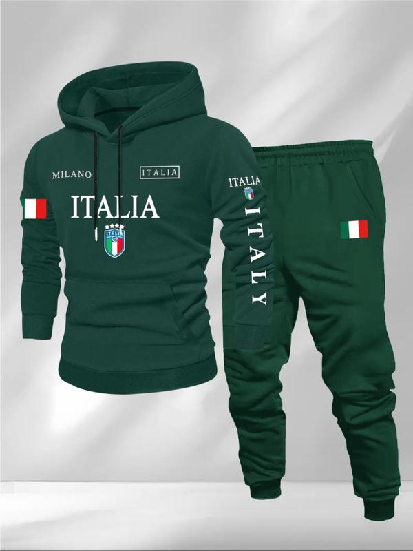 Men's Letter Print Casual Sportswear Set, Hooded Sweatshirt & Drawstring Pants, Fall Winter Comfortable, 2 Piece Set, Sweatsuit Set Outfit