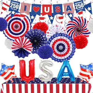 32PCS Patriotic Memorial Day Decorations Set, 4th of July Decorations, Red White Blue Paper Fans in Patriotic Designs, USA 250th Anniversary Garland Set for Independence Day Party Supplies Decor