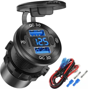 V USB Outlet Wire Aluminum Car Charger Multi Port, Dual USB Quick Charge .Port and PD USB C Socket with Voltmeter Switch for Car Boat Marine Truck RV, Fast Charge for iPhone iPad Android Phones