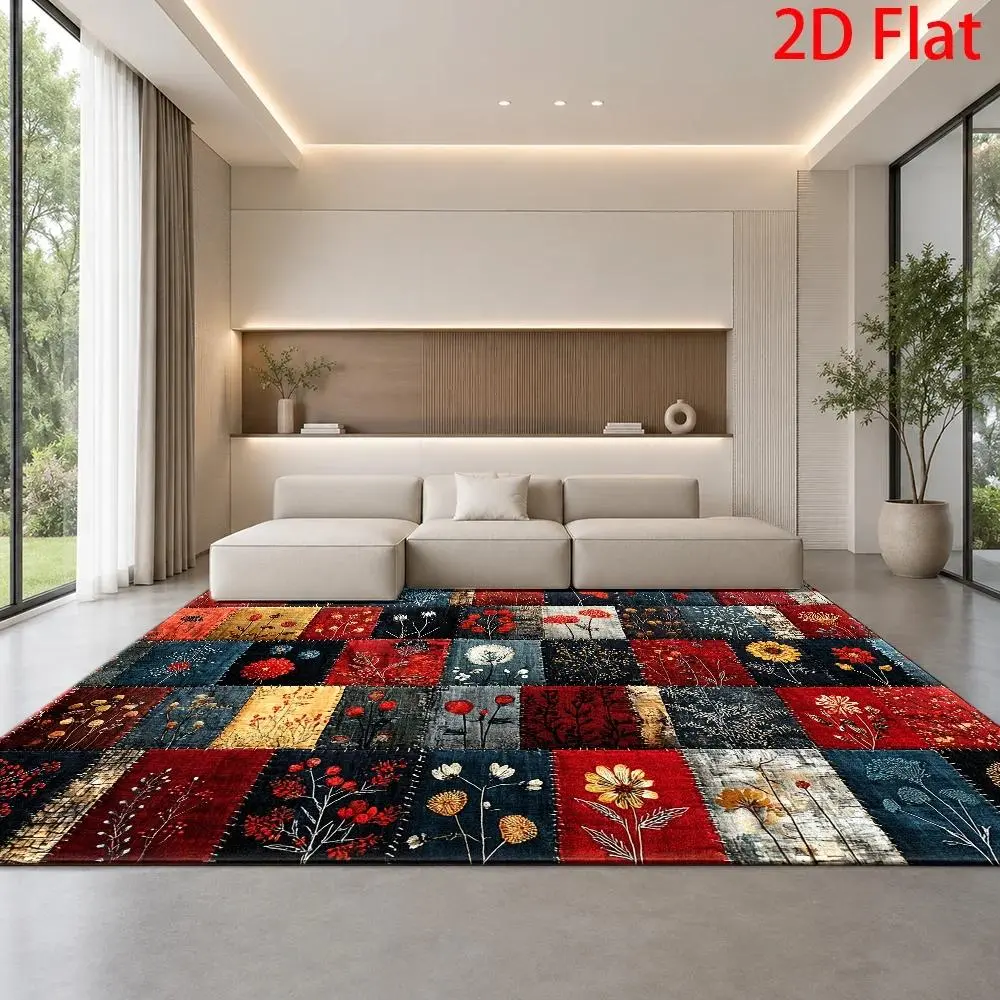 Large Bohemian Patchwork Low-Pile Floor Mat - Jumbo Non-Slip Polypropylene Backing, Soft Durable, Machine Washable, Stain-Resistant, Ideal for Living Room, Bedroom, Indoor/Outdoor Large Spaces