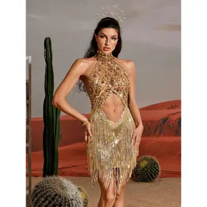 Women's Backless Bodycon Dress, Halter Neck Rhinestone Fringe Skirt, Sexy Short Party Dress, Stage Performance