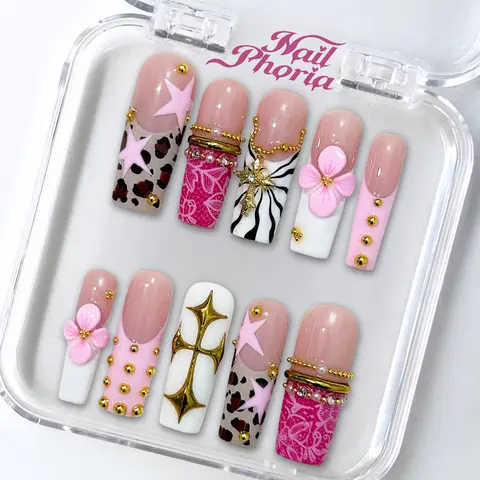 NailPhoria PINK RIOR 2000 -SUMMER Handmade Press-On Nails | Reusable, Salon-Quality, Long-Lasting, Glossy Design