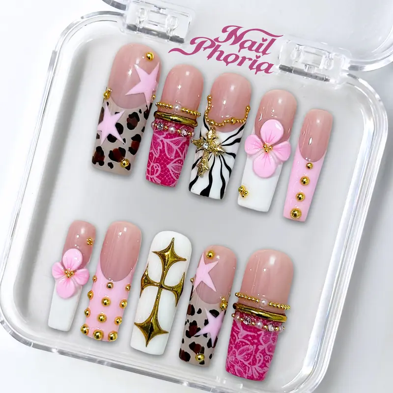 NailPhoria PINK RIOR 2000 -SUMMER Handmade Press-On Nails | Reusable, Salon-Quality, Long-Lasting, Glossy Design