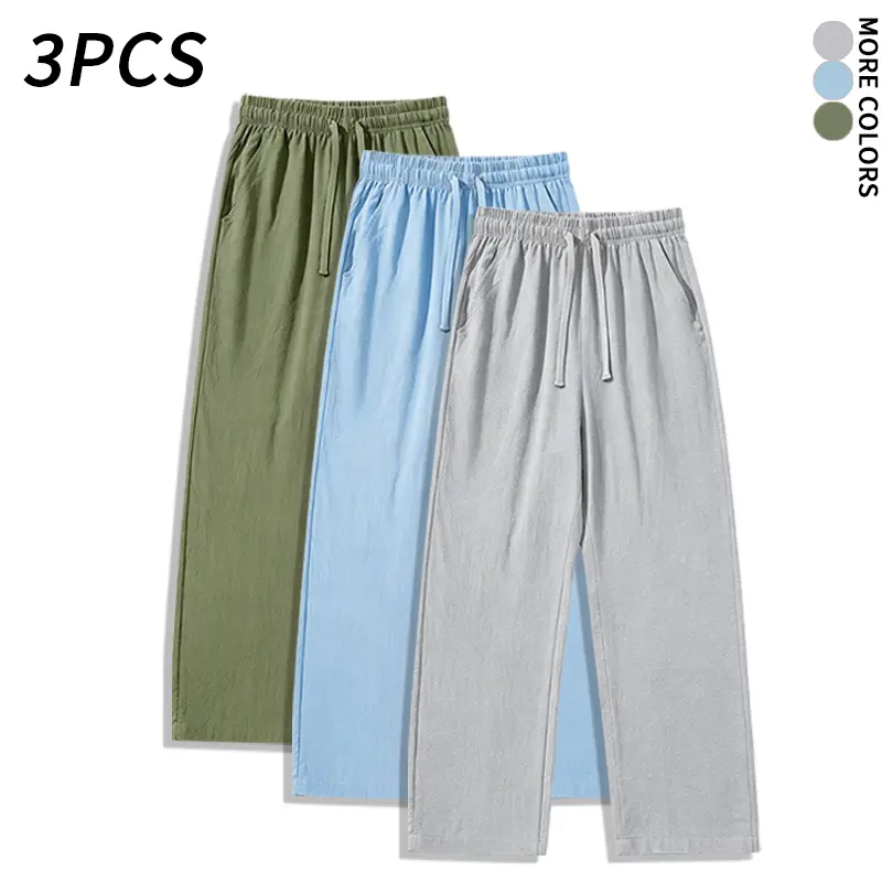 3PCS Men’s 100% Cotton Wide Leg Pants, Casual Elastic Waist Drawstring Trousers, Breathable Loose Fit Straight Leg Pants for Men, Multiple Colors,SummerVibes