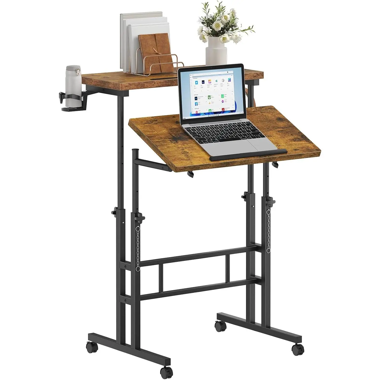 Ergonomic Height Adjustable Split Top Rotating Standing Computer Desk on Wheels - 23.6x23.6in Small Spaces Tool-Free Manual Metal Desk (28-45in) with Steel Frame, Side Hooks, Square Tabletop, Pivoting Home Office Workstation