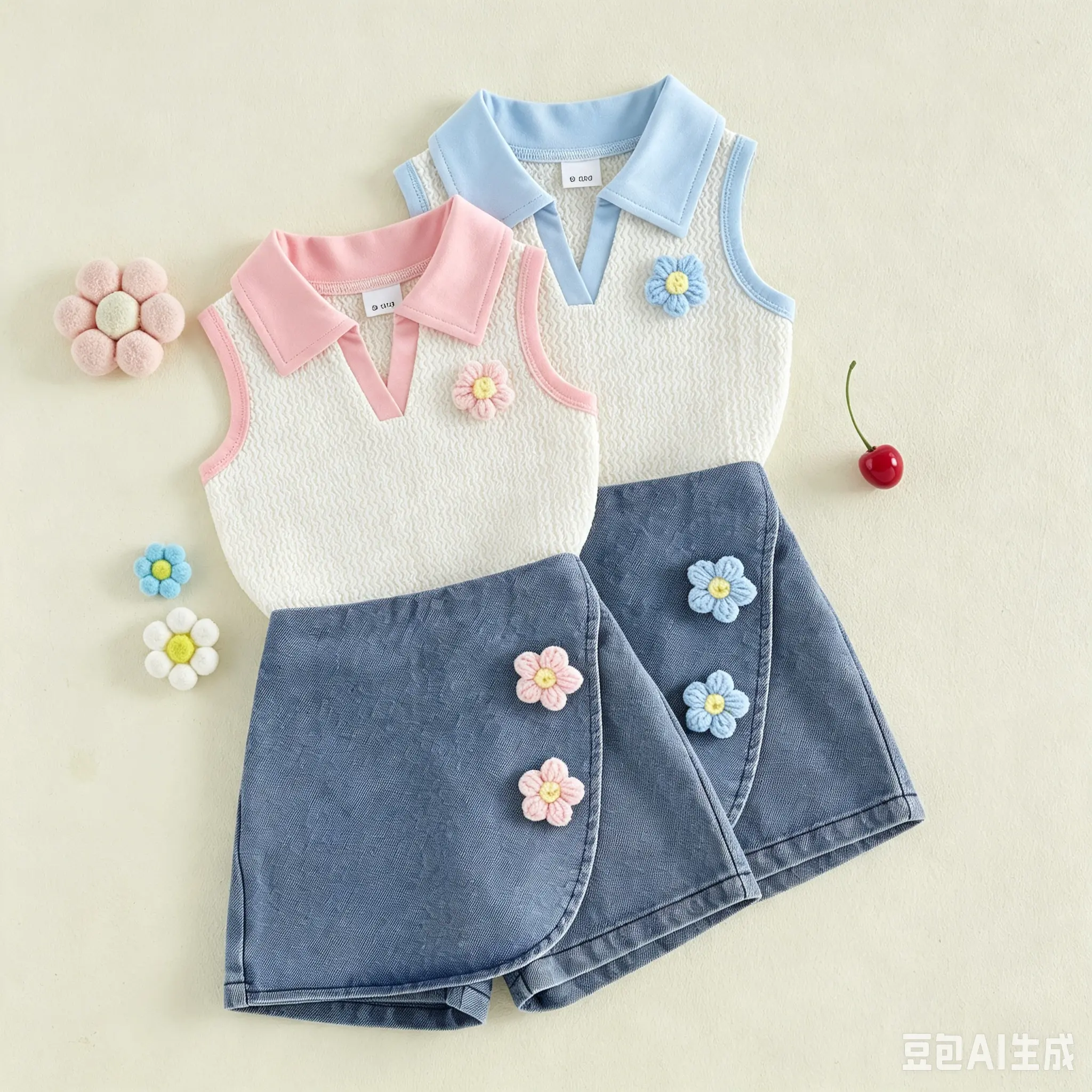 [Yomi Kids] Toddler Girls Summer 2 Piece Outfits Cherry Decor Lapel V-Neck Tank Tops Denim Skorts Set