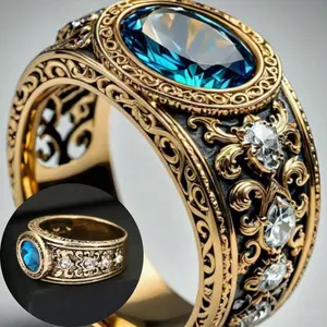 14k gold-plated ring suitable for weddings, engagements, retro style, inlaid with classic blue rune stones, everyday wear, gifts, and parties