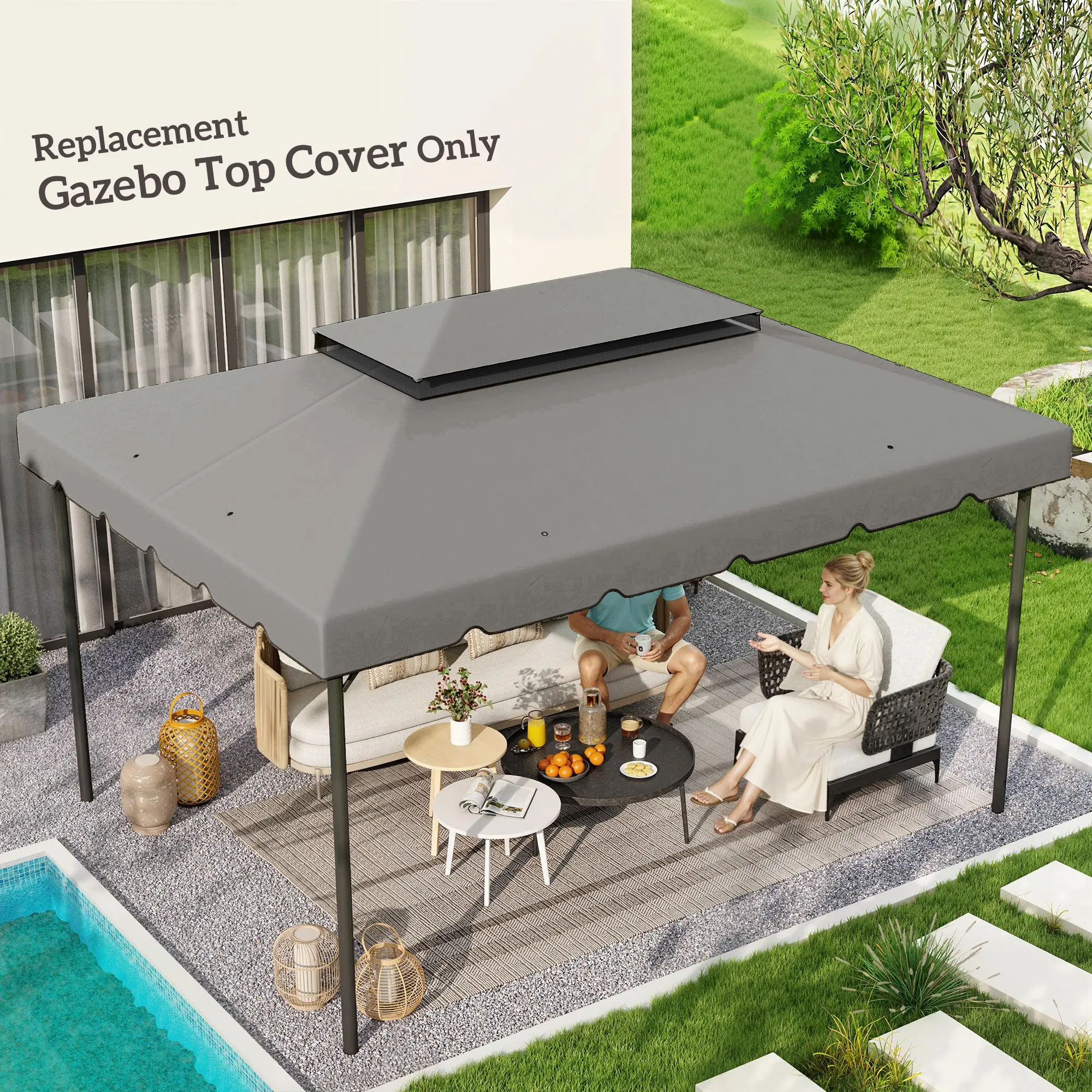 13' x 10' Gazebo Replacement Canopy – Fits 84C-101 & 84C-144 Series. Two-Tier Vented Roof. 8 Rain Drain Holes. PA-Coated. Touch Fastener Attachment. Gray. TOP ONLY