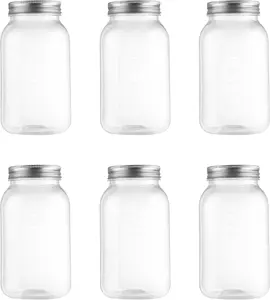 32 oz Plastic  Storage Jars with Metal   6 Pack  Clear Airtight Containers for Pantry, Spices, Snacks, Kitchen & Bathroom Organization  Leak-Proof  Jars ()