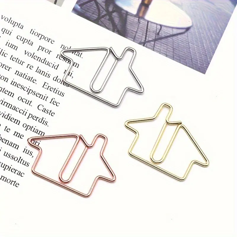 20pcs Iron Paper Clips in The Shape of Houses, with A Golden Finish, Ideal for Organizing Office Documents, Student Papers, and Various Colorful Files.